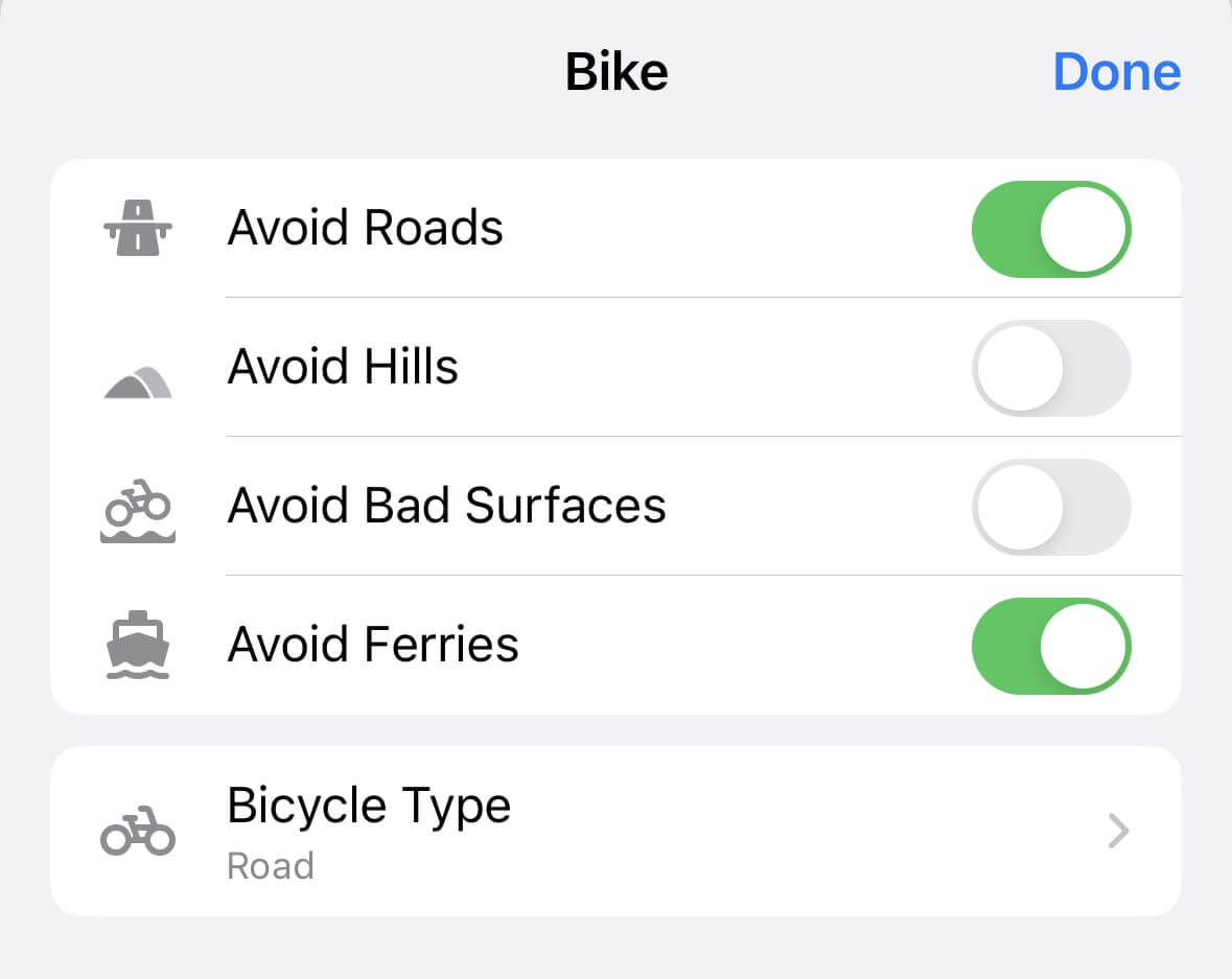 Options des itinéraires à vélo