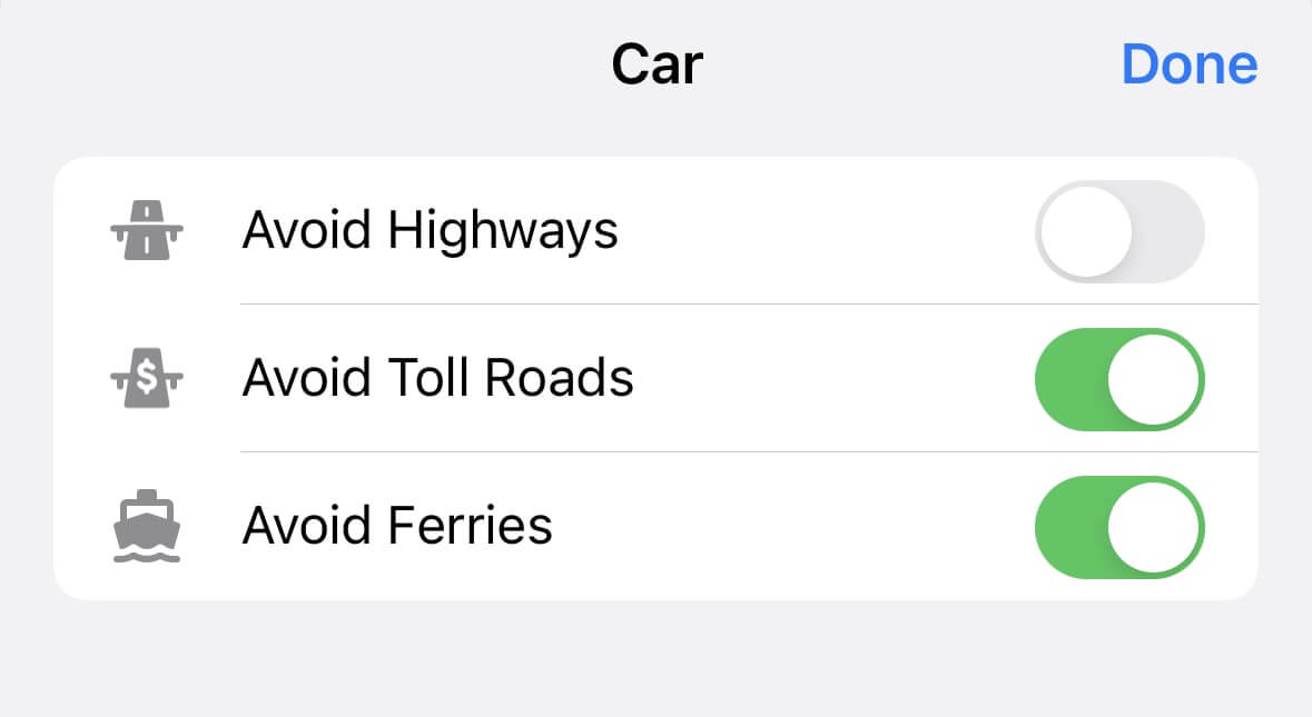 Options d’itinéraire en voiture