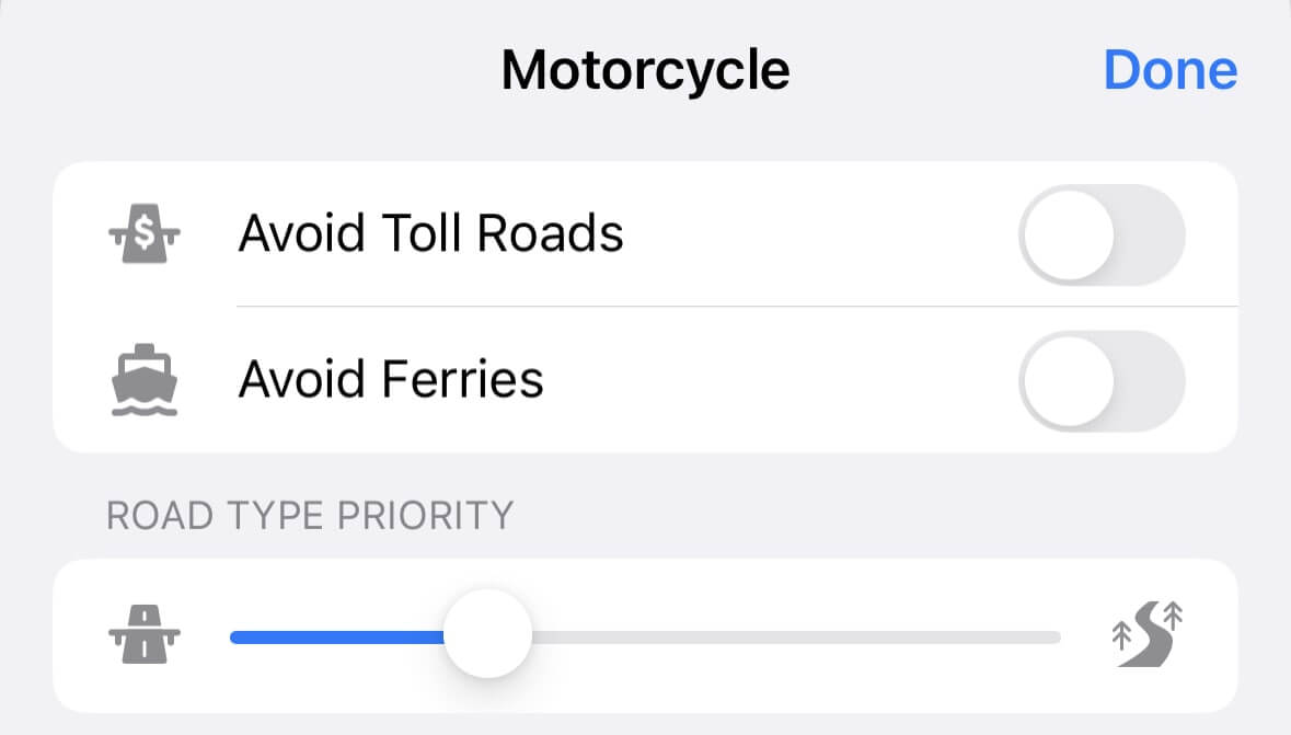 Options des itinéraires à moto