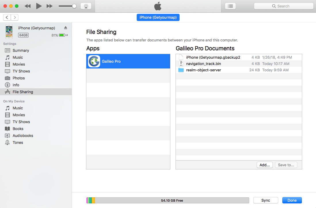 Condivisione file di Guru Maps in iTunes