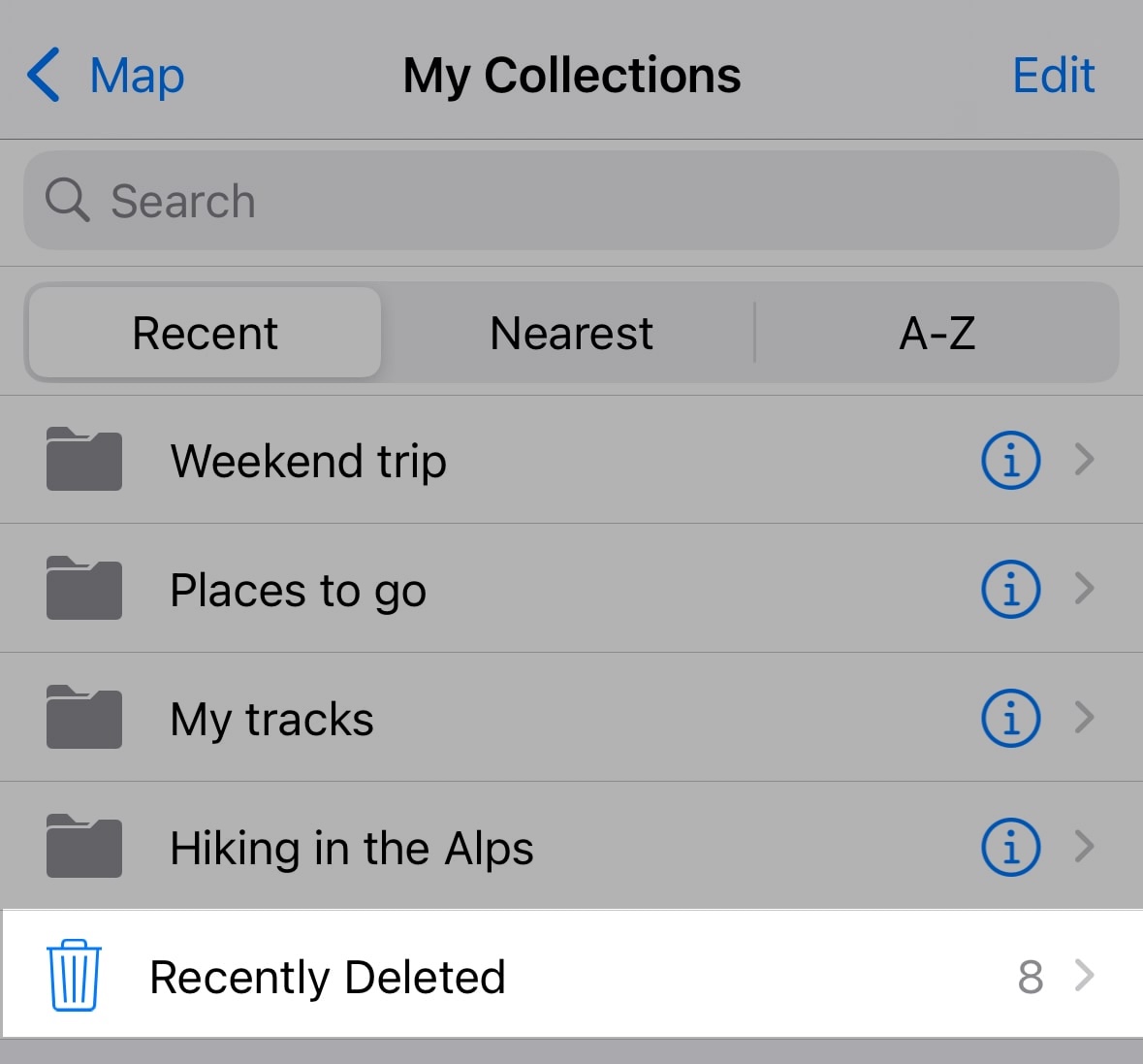 Folder Ostatnio usunięte w Guru Maps