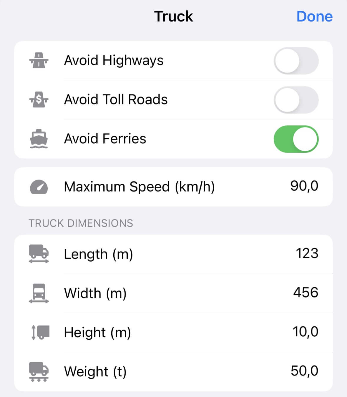Opções de itinerário de caminhão