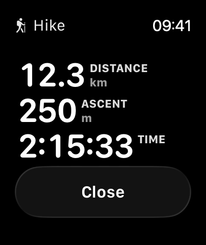 Activity summary on Guru Maps for Apple Watch